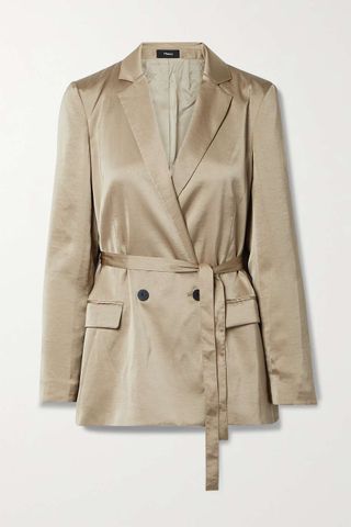 Theory + Belted Double-Breasted Crinkled-Satin Blazer