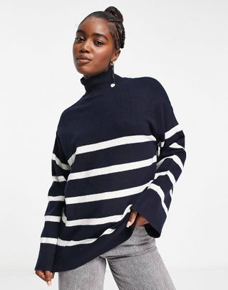 Pieces + High Neck Sweater With Wide Sleeve in Navy Stripe