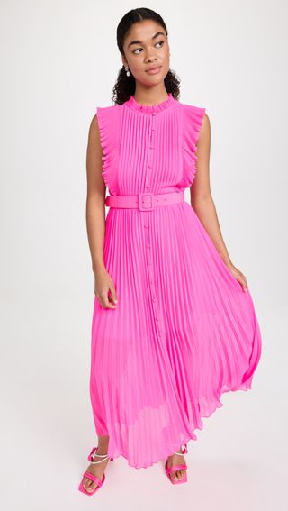 Self Portrait + Pink Chiffon Sleeveless Ruffle Midi Dress