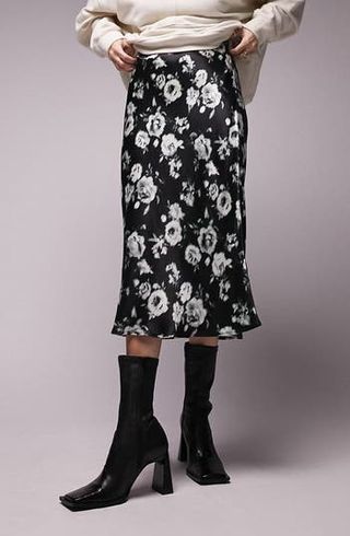 Topshop + Floral Bias Cut Satin Midi Skirt