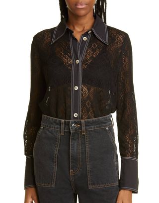 Ganni + Recycled Polyester Blend Lace Button-Up Blouse