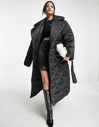 Asos Design + Nylon Quilted Maxi Puffer Coat