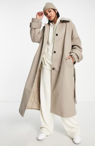 Asos Design + Brushed Boyfriend Long Belted Coat