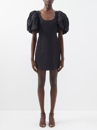 Frame + Puff-Sleeve Scoop-Neck Slubbed-Poplin Mini Dress