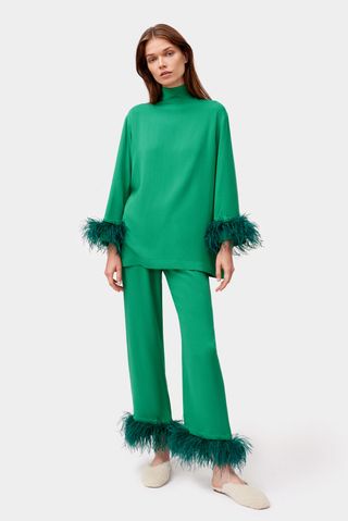 Sleeper + Black Tie Pajama With Double Feathers in Emerald Green
