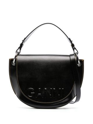 Ganni + Black Embossed Logo Leather Shoulder Bag