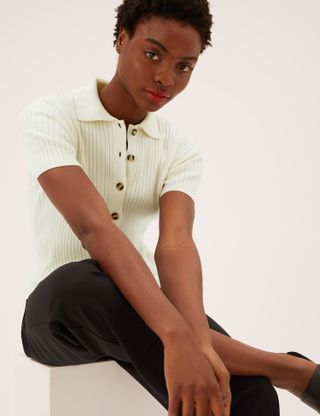 M&S Collection + Ribbed Collared Button Through Knitted Top