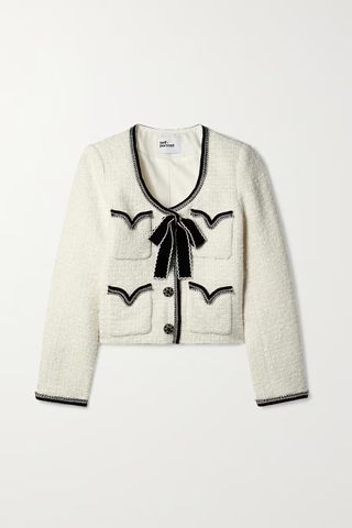 SELF-PORTRAIT + Cropped Embellished Satin-Trimmed Metallic Bouclé-Tweed Jacket