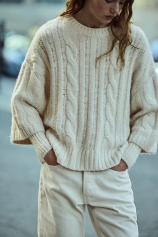 Zara + Cable Knit Sweater With Double Sleeves