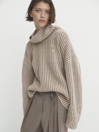 Massimo Dutti + High Neck Knit Sweater With Contrast Thread