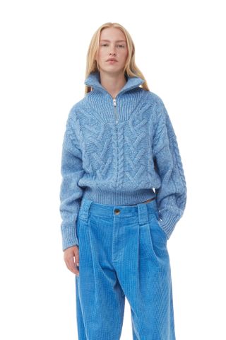 Ganni + Blue Chunky Cable Knit Sweater