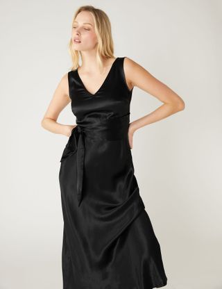 M&S Collection + Satin V-Neck Tie Front Midi Waisted Dress