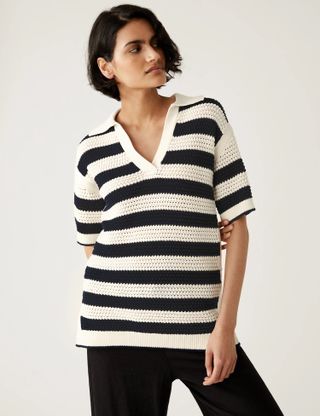 M&S Collection + Pure Cotton Striped Collared Knitted Top