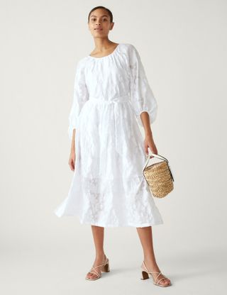 M&S Collection + Embroidered Belted Midi Waisted Dress