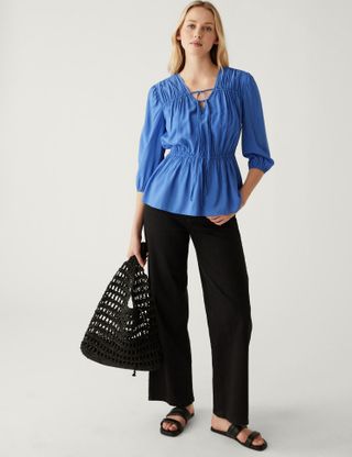M&S Collection + Pleated Tie Neck Waisted Blouse