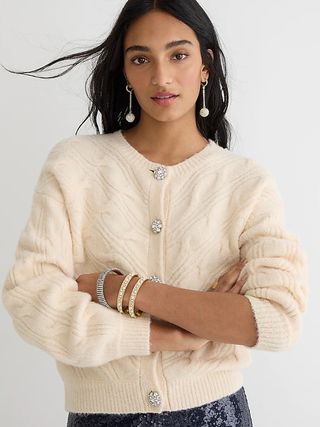 J.Crew + Cable-Knit Cardigan With Jeweled Buttons