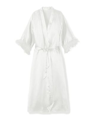 Petite Plume + 100% Mulberry White Silk Luxe Long Robe With Feathers