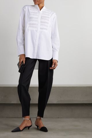 Toteme + Pearl-Embellished Pleated Cotton-Poplin Shirt