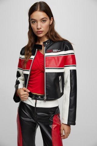 Pull and Bear + Color Block Faux Leather Biker Jacket