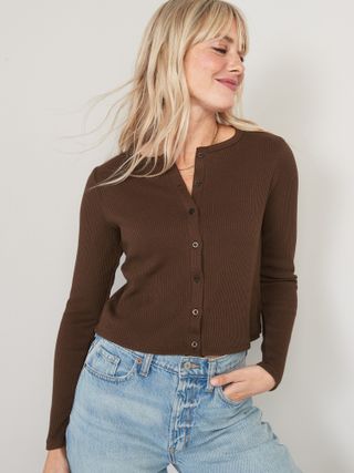 Old Navy + Cropped Rib-Knit Button-Down T-Shirt