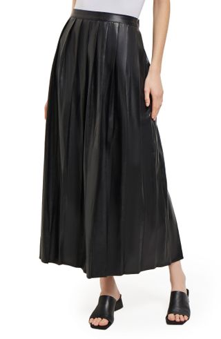 Misook + Pleated Faux Leather Midi A-Line Skirt