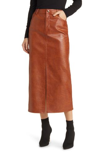 Wayf + Roberta Croc Embossed Faux Leather Midi Skirt