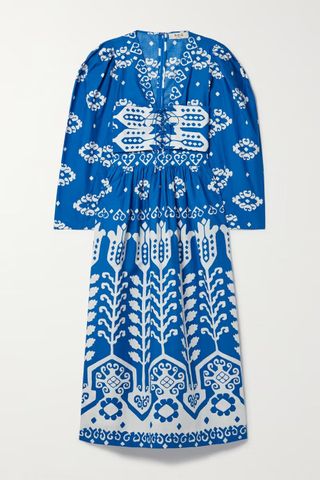 Sea + Sonia Lace-Up Printed Cotton-Poplin Midi Dress