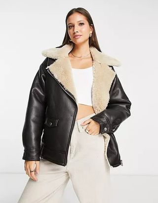Topshop + Faux Shearling & Faux Leather Aviator Jacket