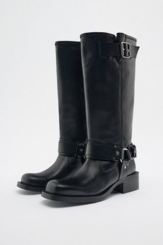 Zara + Knee-High Buckled Leather Boots