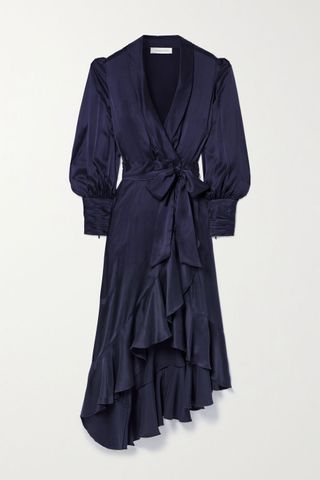 Zimmermann + Asymmetric Ruffled Silk-Satin Midi Wrap Dress