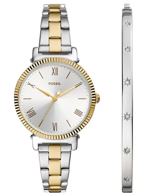 Fossil + Daisy Three-Hand, Two-Tone Stainless Steel Bracelet Watch, 34mm and Bracelet Set