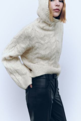 Zara + Hooded Cable-Knit Sweater