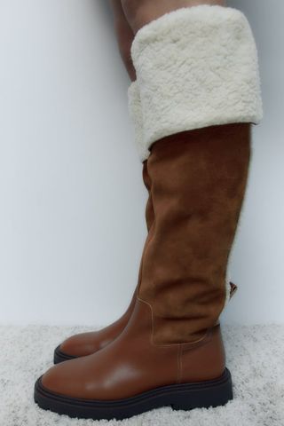 Zara + Over the Knee Leather Boots With Fleece Trim
