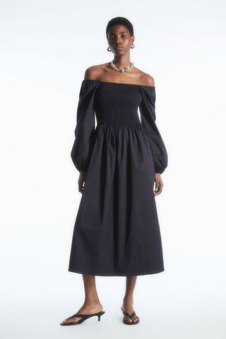 COS + Off-The-Shoulder Smocked Midi Dress