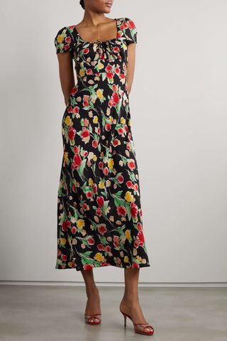 Rixo + Marisa Tie-Detailed Floral-Print Crepe De Chine Midi Dress