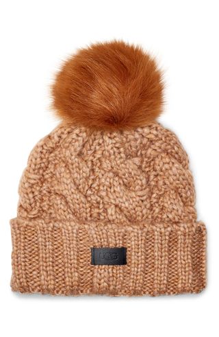 UGG + Cable Knit Beanie With Faux Fur Pom