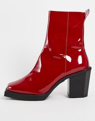 Asos Design + Heeled Chelsea Boots in Red Patent Faux Leather With Black Sole