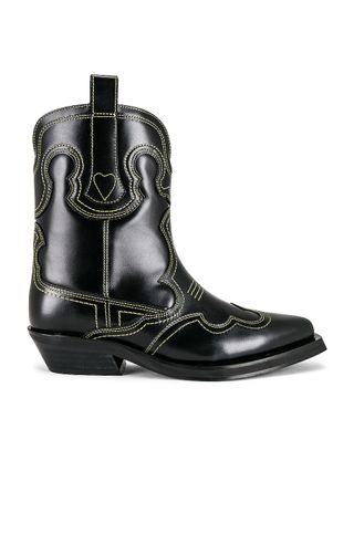 Ganni + Low Shaft Embroidered Western Boots in Black & Yellow