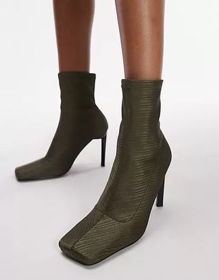 Topshop + Tia High Heeled Sock Boot in Khaki