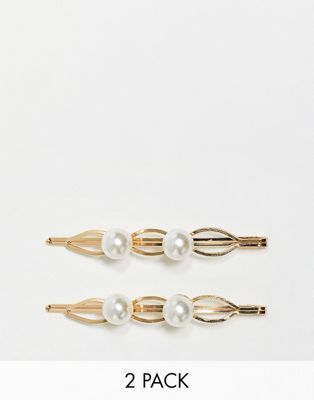 Designb London + Pack of 2 Pearl Hair Slides in Gold