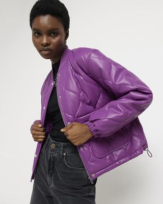 River Island + Purple Faux Leather Quilted Bomber Jacket