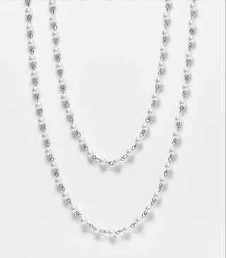 Asos Design + 2 Pack Layered Long Line Glass Faux Pearl Necklace