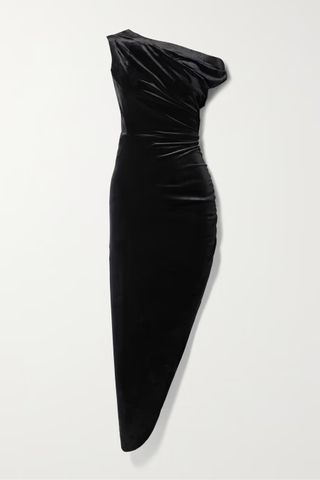 Norma Kamali + Asymmetric Draped Ruched Stretch-Velvet Dress