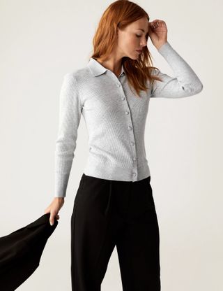 M&S Collection + Ribbed Collared Cardigan