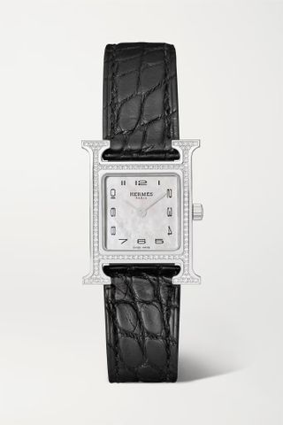 Hermes + Heure H 25mm Stainless Steel Alligator and Diamond Watch