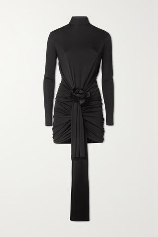 Saint Laurent + Embellished Ruched Satin-Jersey Mini Dress
