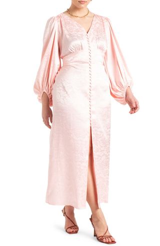 Eloquii + Floral Jacquard Long Sleeve Satin Maxi Dress