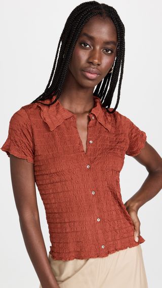 Vince + Smocked Short Sleeve Button Up