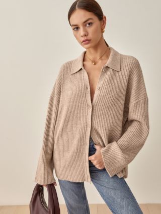 Reformation + Fantino Cashmere Collared Cardigan in Oatmeal