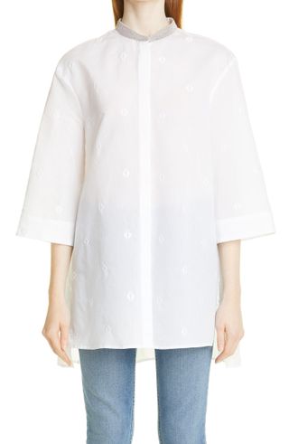 Fabiana Filippi + Chain Collar Embroidered Cotton Blend Tunic Shirt